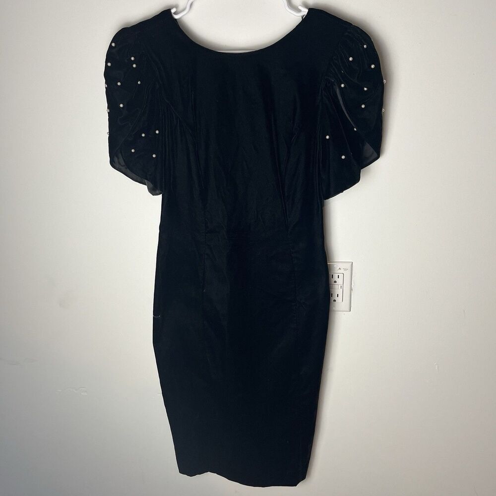 Vintage 90s After Dark Black Velvet Dress Tulip Puff Sleeve‎ Faux Pearls 10 186​